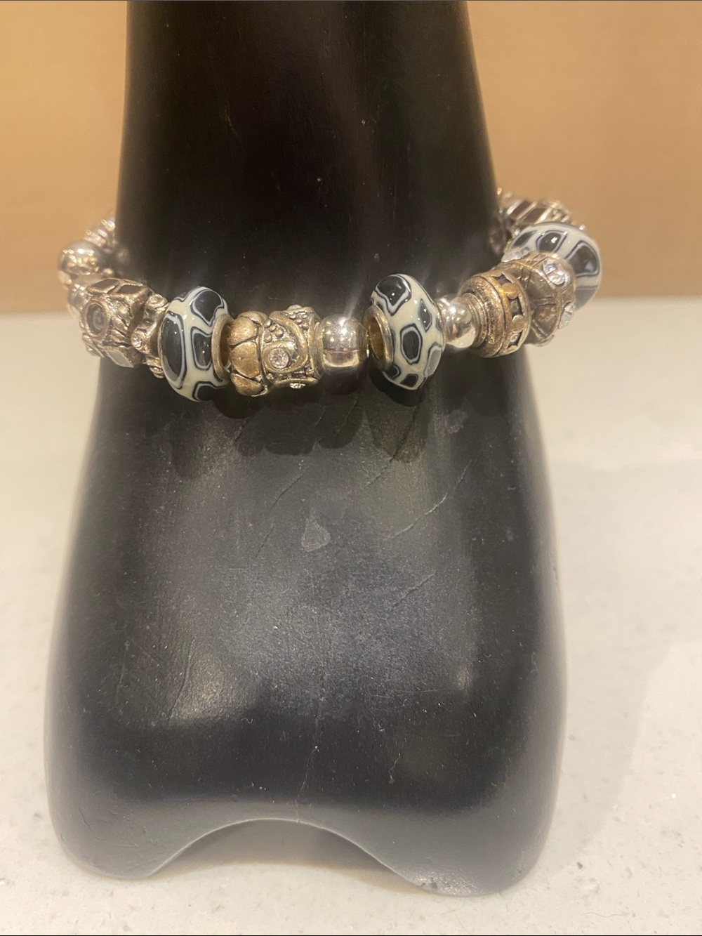 Black & White Glass Bead Charm Bracelet with Gold & Silver Crystal Accents